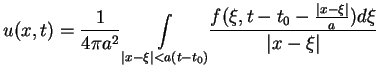 $\displaystyle u(x,t) =\frac{1}{4\pi a^{2}}\underset{\vert x-\xi \vert<a(t-t_{0}...
...nt
}\frac{ f(\xi ,t-t_{0}-\frac{\vert x-\xi \vert}{a})d\xi }{\vert x-\xi \vert}$