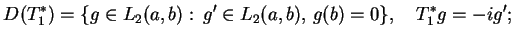 $\displaystyle D(T_{1}^{*})=\{g \in L_{2}(a,b): \, g' \in L_{2}(a,b) , \, g(b)=0\}, \quad T_{1}^{*}g=-i g';$