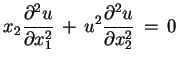 $\displaystyle x_{2}\frac{\partial^{2}u}{\partial x^{2}_{1}}\,+\,
u^{2}\frac{\partial^{2}u}{\partial x^{2}_{2}}\,=\,0
$