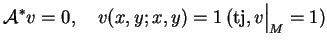 $\displaystyle \mathcal{A}^{*}v=0, \quad v(x,y;x,y)=1 \, (\textrm{tj}, v
 \big\vert _{M}=1)$