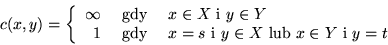 \begin{displaymath}c(x,y) = \left\{
\begin{array}{rrlll}
\infty & \mbox{ gdy }...
...y\in X \mbox{ lub } x\in Y \mbox{ i } y=t
\end{array} \right. \end{displaymath}