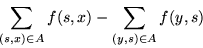 \begin{displaymath}\sum_{(s,x) \in A}f(s,x) - \sum_{(y,s)\in A} f(y,s) \end{displaymath}