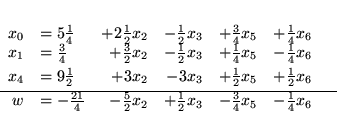 \begin{displaymath}
\begin{array}{rlrrrllr}
x_0 & = 5\frac{1}{4} & + 2\frac{1...
...}x_3 & - \frac{3}{4}x_5 & - \frac{1}{4}x_6 \\
\end{array}
\end{displaymath}