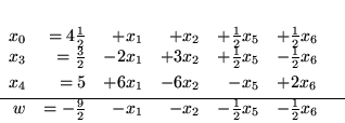 \begin{displaymath}
\begin{array}{rrrrrllr}
x_0 & = 4\frac{1}{2} & + x_1 & + ...
..._1 & - x_2 & - \frac{1}{2}x_5 & - \frac{1}{2}x_6
\end{array}
\end{displaymath}