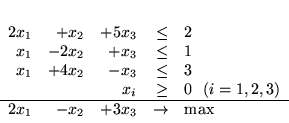 \begin{displaymath}
\begin{array}{rrrrl}
2x_1 & + x_2 & + 5x_3 & \leq & 2 \\ ...
...2x_1 & - x_2 & + 3x_3 & \rightarrow & \mbox{max}
\end{array}
\end{displaymath}