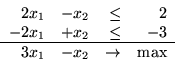 \begin{displaymath}
\begin{array}{rrrr}
2x_1 & -x_2 & \leq & 2\\
-2x_1 & + x...
... \hline
3x_1 & - x_2 & \rightarrow & \mbox{max}
\end{array}
\end{displaymath}