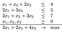 \begin{displaymath}
\begin{array}{lll}
x_1+x_2+2x_3 & \leq & 4\\
2x_1+3x_3 &...
...line
3x_1+2x_2+4x_3 & \rightarrow & \mbox{max}
\end{array}
\end{displaymath}