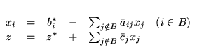 \begin{displaymath}
\begin{array}{lccclr}
x_i & = & b^*_i & - & \sum_{j \noti...
...z & = & z^* & + & \sum_{j \notin B}\bar{c}_j x_j
\end{array}
\end{displaymath}