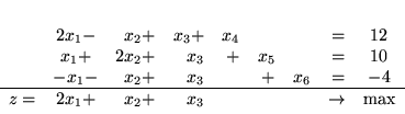 \begin{displaymath}
\begin{array}{lcrrrrrrcrl}
& 2x_1 - & x_2 + & x_3 + & x_4...
...z =& 2x_1 + & x_2 + & x_3&&&& \rightarrow & \max
\end{array}
\end{displaymath}