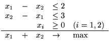 $\begin{array}{rcrll}
x_1 & - & x_2 & \leq 2\\
x_2 & - & x_1 & \leq 3\\
...
...& \geq 0 & (i=1,2)\\
\hline
x_1 & + & x_2 & \rightarrow & \max
\end{array} $