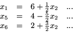 \begin{displaymath}
\begin{array}{rcrr}
x_1 & = & 6 + \frac{1}{2}x_2 & ...\\ 
...
...x_2 & ...\\
x_6 & = & 2 + \frac{3}{2}x_2 & ...
\end{array}
\end{displaymath}