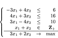 \begin{displaymath}
\left\{
\begin{array}{rcr}
-3x_1+4x_2 & \leq & 6\\
4x_...
...\hline
3x_1 + 2x_2 & \rightarrow & \max
\end{array}
\right. \end{displaymath}