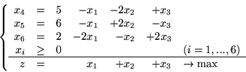 \begin{displaymath}
\left\{
\begin{array}{rcrrrrl}
x_4 & = & 5 & -x_1 & - 2x_...
...&& x_1 & + x_2 & + x_3 & \rightarrow \max
\end{array} \right. \end{displaymath}