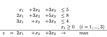 \begin{displaymath}
\begin{array}{rrrrll}
&x_1 & + 2x_2 & +3x_3 & \leq 5\\ ...
...e
z & = \ 2x_1&+x_2&+3x_3 & \rightarrow & \max
\end{array}
\end{displaymath}
