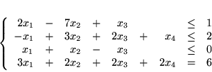 \begin{displaymath}
\left\{
\begin{array}{rcrcrcrcr}
2x_1 & - & 7x_2 & +& x_...
... & + & 2x_2 & +& 2x_3 & + & 2x_4 & = & 6
\end{array} \right.
\end{displaymath}