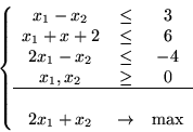 \begin{displaymath}\left\{\begin{array}{ccc}
x_1-x_2 & \leq & 3\\
x_1 + x+2 &...
...
\hline\\
2x_1 + x_2 & \rightarrow & \max
\end{array}\right.\end{displaymath}