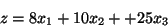 \begin{displaymath}z = 8x_1 + 10 x_2 + + 25 x_3\end{displaymath}