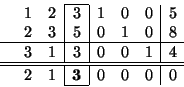 \begin{displaymath}
\begin{array}{lrr\vert r\vert rrr\vert r}
\cline{4-4}
& ...
...2 & 1 & {\bf 3} & 0 & 0 & 0 & 0\\
\cline{4-4}
\end{array}
\end{displaymath}