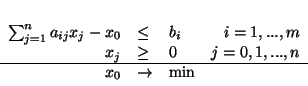 \begin{displaymath}
\begin{array}{rllr}
\sum^{n}_{j=1}a_{ij}x_j - x_0 & \leq ...
....,n\\ \hline
x_0 & \rightarrow & \mbox{min}
\end{array}
\end{displaymath}