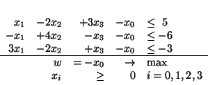 \begin{displaymath}
\begin{array}{rrrrl}
x_1 & - 2x_2 & + 3x_3 & - x_0 & \leq...
...ow & \mbox{max}\\
& x_i & \geq & 0 & i=0,1,2,3
\end{array}
\end{displaymath}