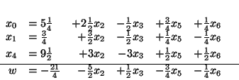 \begin{displaymath}
\begin{array}{rlrrrllr}
x_0 & = 5\frac{1}{4} & + 2\frac{1...
...}x_3 & - \frac{3}{4}x_5 & - \frac{1}{4}x_6 \\
\end{array}
\end{displaymath}