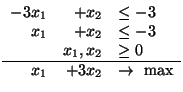 $
\begin{array}{rrl}
-3 x_1 & + x_2 & \leq -3 \\
x_1 & + x_2 & \leq -3 \\
&x_1,x_2 & \geq 0 \\ \hline
x_1 & + 3x_2 & \rightarrow \mbox{ max}
\end{array}
$