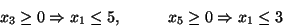 \begin{displaymath}
x_3 \geq 0 \Rightarrow x_1 \leq 5, \hspace{1cm} x_5 \geq 0 \Rightarrow x_1 \leq 3 \end{displaymath}