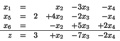 \begin{displaymath}
\begin{array}{rrrrrr}
x_1 & = && x_2 & -3 x_3 & - x_4 \\ ...
...4 \\ \hline
z & = & 3 & + x_2 & - 7x_3 & - 2x_4
\end{array}
\end{displaymath}