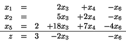 \begin{displaymath}
\begin{array}{rrrrrr}
x_1 & = && 2x_3 & + x_4 & - x_6\\
...
..._4 & - 4x_6\\ \hline
z & = & 3 & -2x_3 &&-x_6
\end{array}
\end{displaymath}