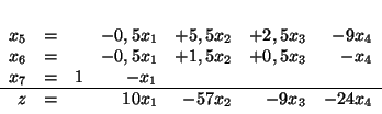 \begin{displaymath}
\begin{array}{rrrrrrr}
x_5 & = && -0,5 x_1 & + 5,5 x_2 & ...
...& = & & 10 x_1 & - 57 x_2 & - 9 x_3 & - 24 x_4
\end{array}
\end{displaymath}