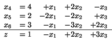 \begin{displaymath}
\begin{array}{lrrrr}
x_4 & = 4 & + x_1 & + 2x_2 & - x_3\\ ...
..._3 \\ \hline
z & = 1 & - x_1 & + 2x_2 & + 3 x_3
\end{array}
\end{displaymath}