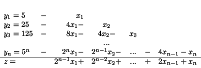 \begin{displaymath}
\begin{array}{lcrcccccc}
y_1 = 5 &- & x_1\\
y_2 = 25 &-...
...}x_1 + & 2^{n-2}x_2 + & ... & + & 2x_{n-1} + x_n
\end{array}
\end{displaymath}