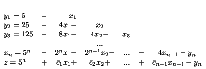 \begin{displaymath}
\begin{array}{lcrcccccc}
y_1 = 5 &- & x_1\\
y_2 = 25 &-...
...c}_2x_2 + & ... & + & \bar{c}_{n-1}x_{n-1} - y_n
\end{array}
\end{displaymath}