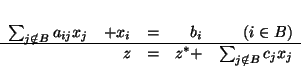 \begin{displaymath}
\begin{array}{rrrrrr}
\sum_{j \notin B}a_{ij}x_j & + x_i ...
...hline
&z & = & z^* + & \sum_{j \notin B}c_j x_j
\end{array}
\end{displaymath}