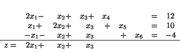 \begin{displaymath}
\begin{array}{lcrrrrrrcr}
& 2x_1 - & x_2 + & x_3 + & x_4 ...
..._6 & = & -4 \\ \hline
z =& 2x_1 + & x_2 + & x_3
\end{array}
\end{displaymath}