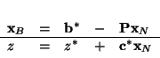 \begin{displaymath}
\begin{array}{lclcl}
{\bf x}_B & = & {\bf b}^* & - & {\bf...
...N \\ \hline
z& = & z^* & + & {\bf c}^*{\bf x}_N
\end{array}
\end{displaymath}