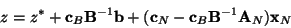 \begin{displaymath}
z=z^*+{\bf c}_B{\bf B}^{-1}{\bf b} + ({\bf c}_N - {\bf c}_B{\bf B}^{-1}{\bf A}_N){\bf x}_N \end{displaymath}